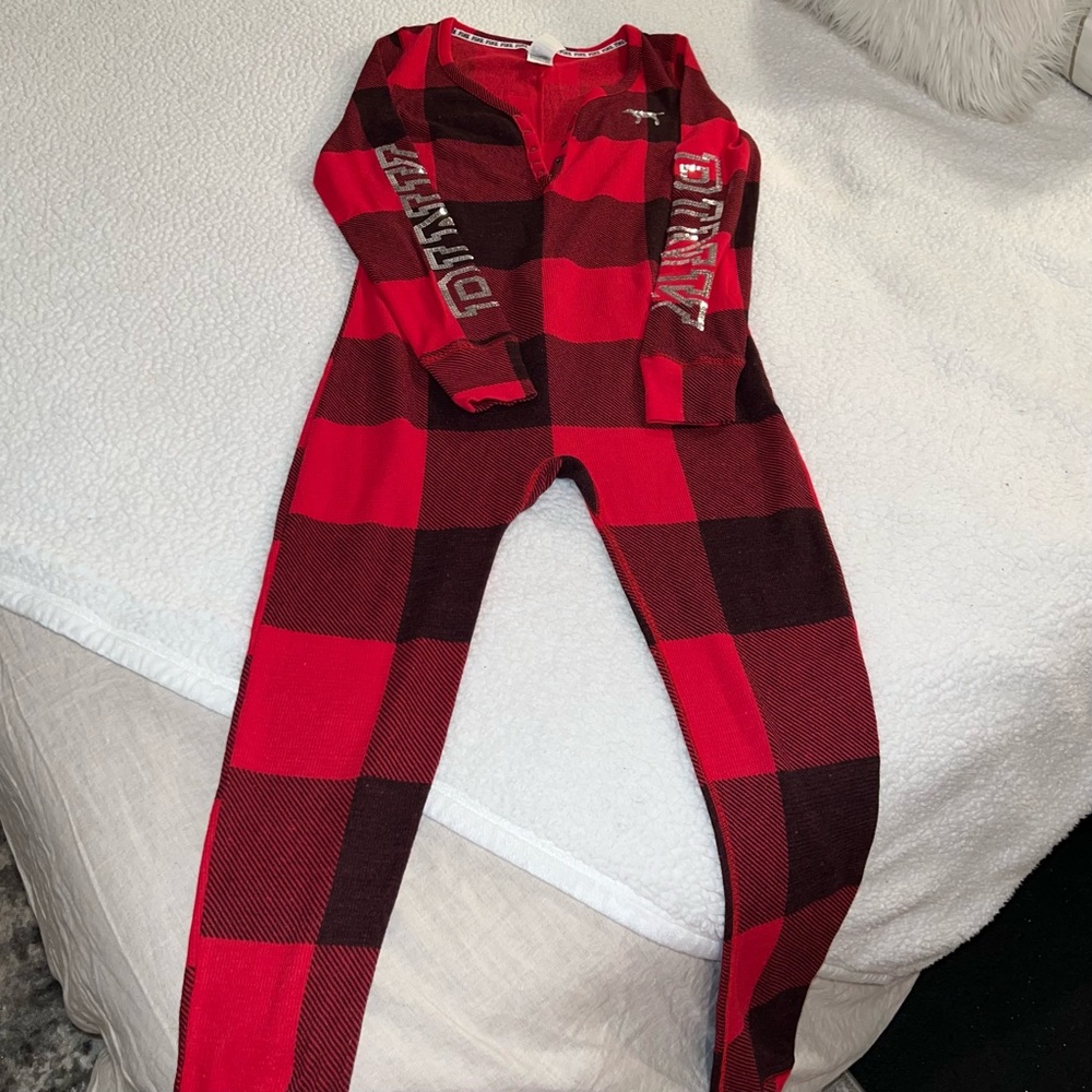 Victorias Secret PINK - Red Plaid BLING Thermal Onesie Pajamas - Size S